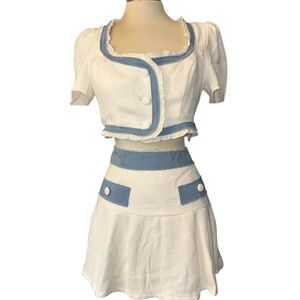 Lena tweed denim blouse/skirt set cropped top miniskirt w/pleats Sz Small NWOT